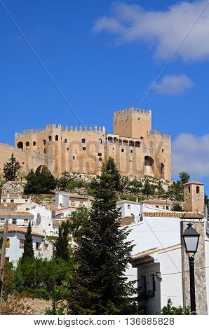 View of the castle (castillo de los Fajardo) and townhouses Velez Blanco Almeria Province Andalucia Spain Western Europe.