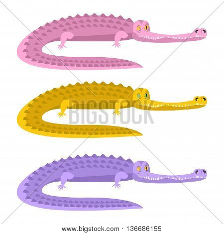 Colorful Crocodile. Pink Alligator. Yellow Caiman. Purple Reptile. Set Of Wild Reptiles. Aggressive