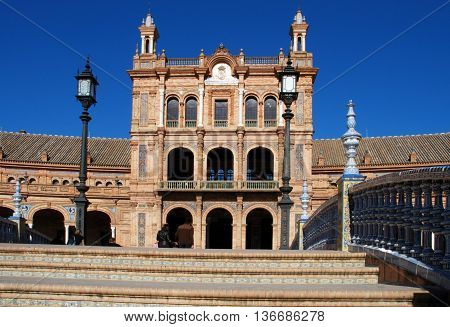 Central building in the Plaza de Espana Seville Seville Province Andalusia Spain Western Europe.