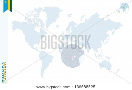 Blue World Map With Magnifying On Rwanda.