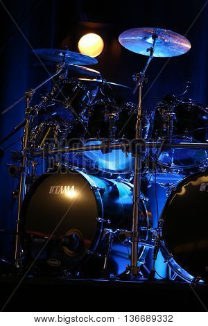CRACOW POLAND - MARCH 16 2016: Drums of Billy Cobham live on stage in ICE Cracow Poland