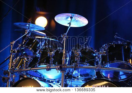 CRACOW POLAND - MARCH 16 2016: Drums of Billy Cobham live on stage in ICE Cracow Poland
