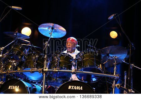 CRACOW POLAND - MARCH 16 2016: Famous American drummer Billy Cobham live on stage in ICE Cracow Poland