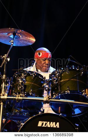 CRACOW POLAND - MARCH 16 2016: Famous American drummer Billy Cobham live on stage in ICE Cracow Poland