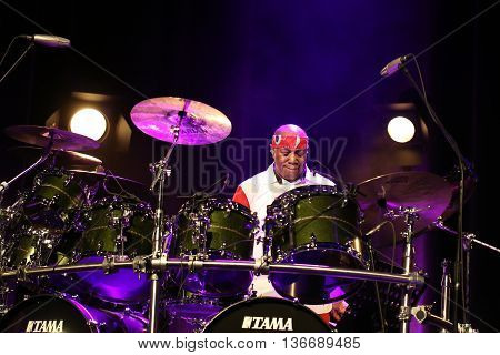 CRACOW POLAND - MARCH 16 2016: Famous American drummer Billy Cobham live on stage in ICE Cracow Poland