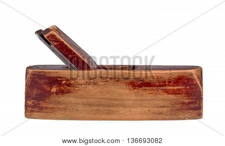 Old wooden jack-plane placed in the half-face on a white background