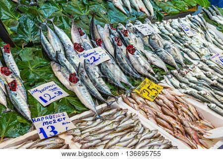 Fish market with a great offer in Istanbul, Turkey