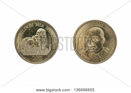 Tanzanian coin of two hundreds shillings value isolated on white background. Obverse and reverse. Heads and tails