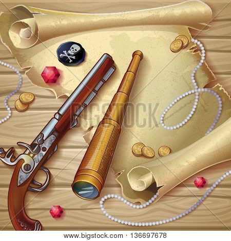 Pirate accessories composition with sheet of old paper gun spyglass treasure on wooden background vector illustration