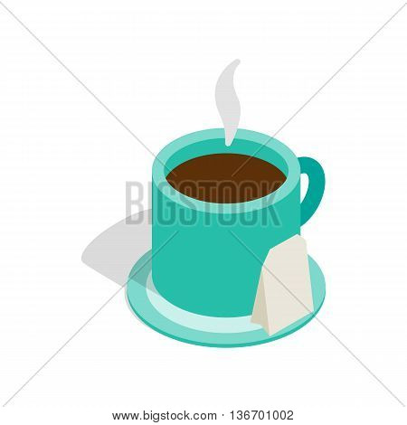 Turquoise cup of tea with teabag icon in isometric 3d style on a white background