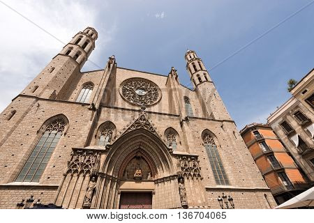 Facade of the Basilica of Santa Maria del Mar (1329-1383) in Catalan Gothic style. Barcelona Catalonia Spain