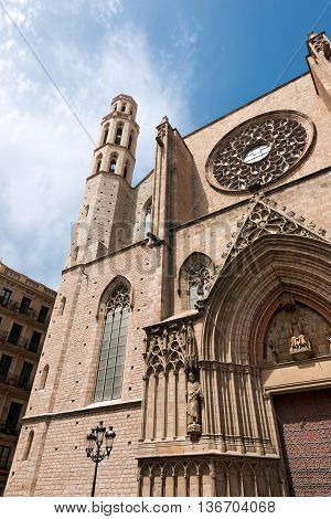 Facade of the Basilica of Santa Maria del Mar (1329-1383) in Catalan Gothic style. Barcelona Catalonia Spain