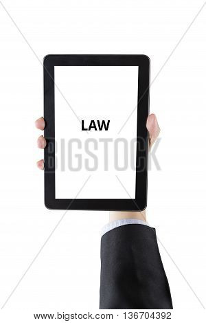 Businessman Hand Holding Digital Tablet With Word Isolated On White Background With Clipping Path
