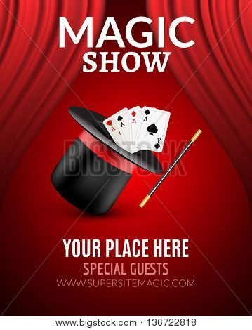 Magic Show poster design template. Magic show flyer design with magic hat and curtains.