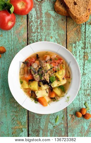 Homemade chorba soup with lamb meat on bone potato carrots bay leaf and dried apricots served with basil and tomatoes vertical