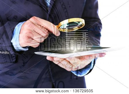 Businessman holding magnifying glass and digital tablet, isolated on white, double exposition