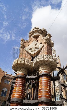 BARCELONA SPAIN - OCTOBER 08 2015: Details of the entrance of former monastery and hospital Recinte Modernista de Sant Pau in Barcelona Spain