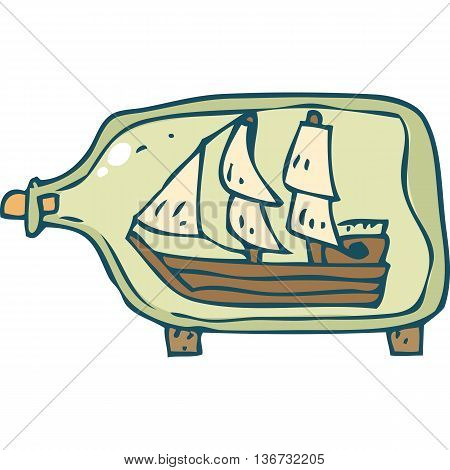 Old Sailboat in a Glass Bottle. Isolated on a White