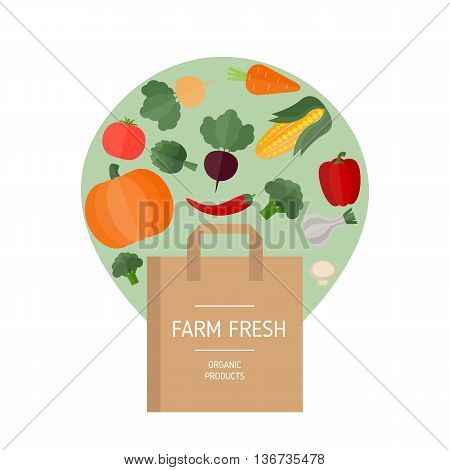 Paper bag and fresh vegetables. Market bag. Farm maket concept.