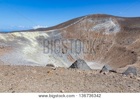 View at volcano and crater at Vulcano Aeolian Islands near Sicily Italy