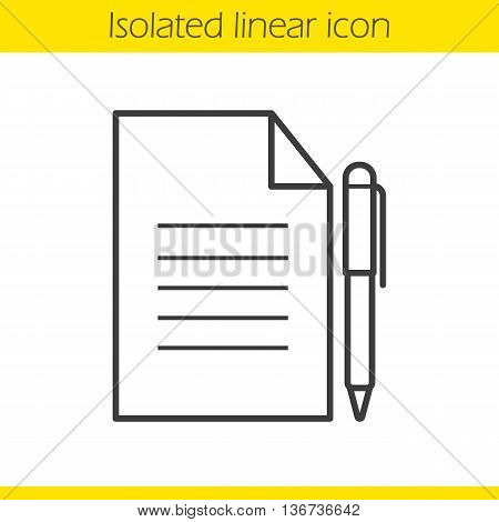 Contract linear icon. Business paper with pen. Agreement thin line illustration. Official document contour symbol. Vector isolated outline drawing