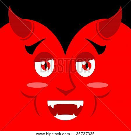Cartoon Kind Good Devil Face On Red Background. Joy Of Satan Emotion. Optimistic Demon With Big Smil