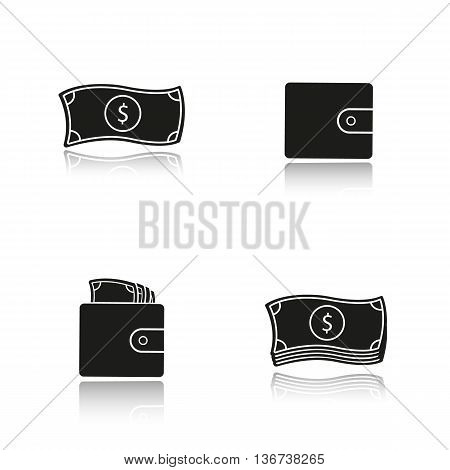 Cash drop shadow black icons set. Dollar bills stack and leather wallet with banknotes one us dollar. Money isolated vector illustrations