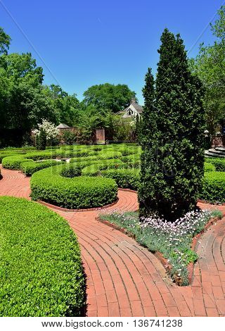 New Bern North Carolina - April 24 2016: Clipped Boxwood hedges line brick pathways in the Maude Moore Latham Memorial Knot Garden at 1770 Tryon Palace