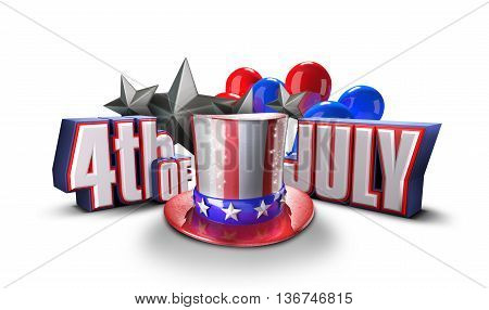 independence day United States 3d illustration. Fourth of july 3D rendering. USA hat and 4 of July title, Uncle sam hat