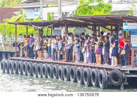 BANGKOK - MAY 22 2016: Harbor Ramkhamhaeng Saen-Saeb canal People in a boat. Bangkok
