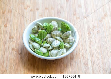 Parkia speciosa ( petai bitter bean twisted cluster bean stinker or stink bean) with white cup and spoon