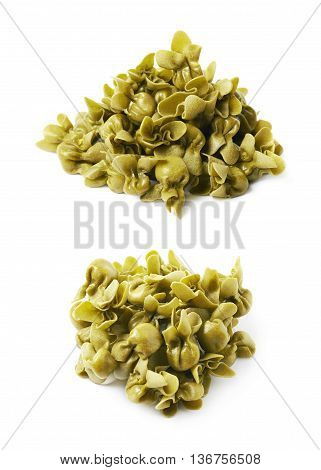 Pile of sacchettoni stuffed sacchetti pasta isolated over the white background, set of two different foreshortenings