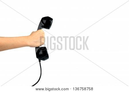 Hand holding vintage phone isolated on white with clipping path