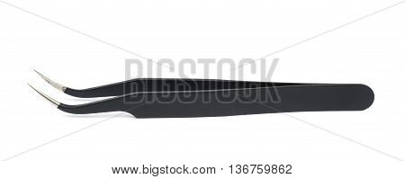 Black metal anti-static tweezers tool isolated over the white background