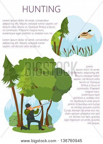 young man aiming a gun at the duck. small booklet hunter. vector