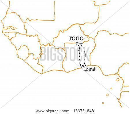 Togo country with its capital Lome in Africa hand-drawn sketch map isolated on white