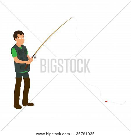 isolated fisherman with a fishing rod in wading boots on a white background.