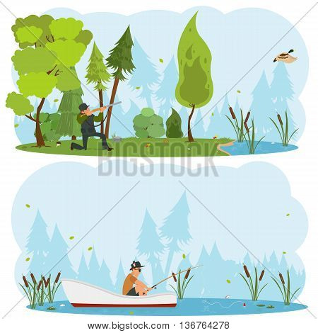 Vector isolated scenes of nature. Men hunt and fish in the wild.