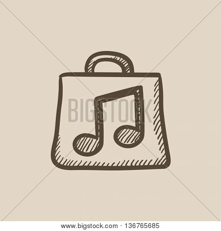 Bag with music note vector sketch icon isolated on background. Hand drawn Bag with music note icon. Bag with music note sketch icon for infographic, website or app.