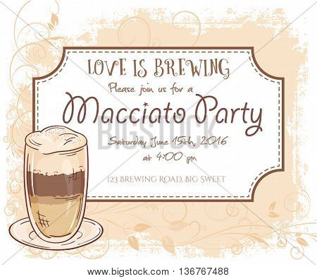vector hand drawn macciato party invitation card, vintage frame, glass and leaves.