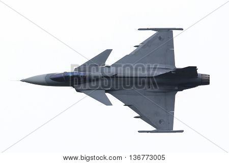 Leeuwarden, The Netherlands-june 10: Modern Tactical Fighter Jet Jas-39 Gripen Performs At The Dutch