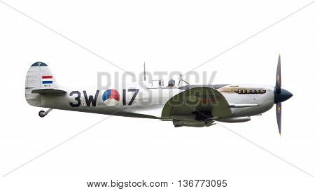 Leeuwarden, The Netherlands - June 11, 2016: A Vintage Spitfire Fighter Plane Makes A Low Flypast Fo