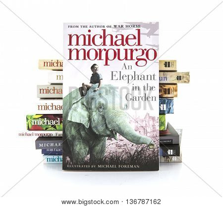 SWINDON UK - JULY 2 2016: An Elephant in the Garden by Michael Morpurgo on a white background