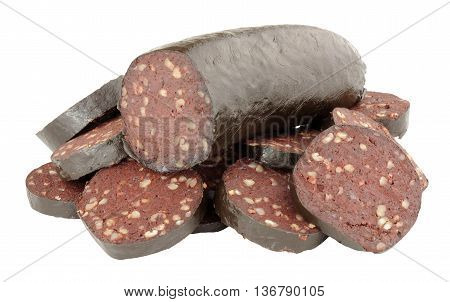 Traditional English raw black pudding isolated on a white background