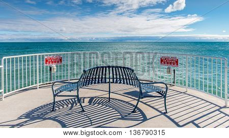End of the Oscoda pier, on Lake Huron, at Oscoda Beach Park, Michigan.