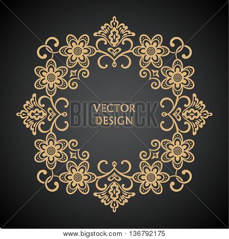 Circular gold baroque pattern. Round floral ornament. Vintage frame. Greeting card. Wedding invitation. Retro style. Vector logo template labels and badges