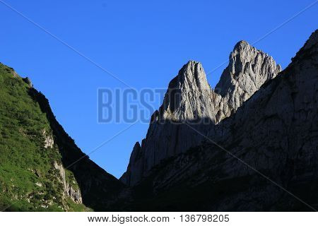 Layered rock scene in Appenzell Canton. Part of the Alpstein Range Swiss Alps.