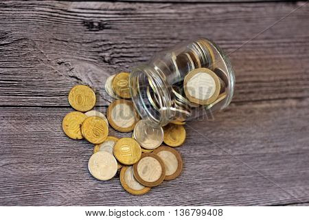 Money russian golden coins on wooden table
