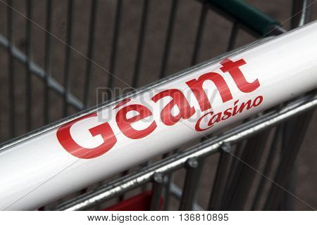 paris france-june 18 2016: letters geant casino on a shopping cart in Paris