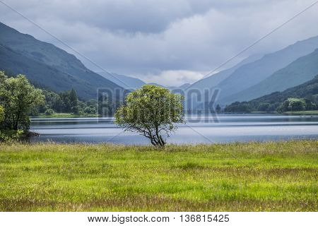 Iconic Scottish scenery looking towards Loch Voil from Balquhidder with hills and glens beyond.